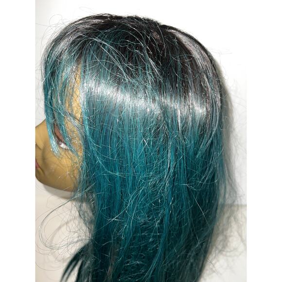 Long Ombre Straight Free Parting Synthetic Wig Two Tone Mix teal Green black NWT - Picture 8 of 12
